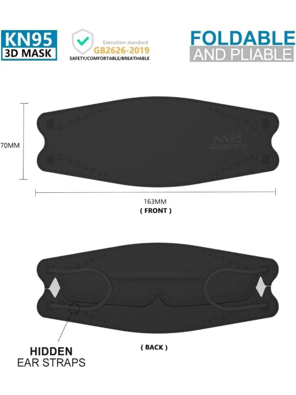 50 Pack KN95 Face Masks - Breathable, Comfortable, Disposable, Black Protection